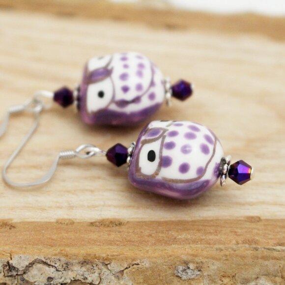Purple Hand Painted Beaded Owl Earrings - Handmade & Hypoallergenic - Picture 4 of 7